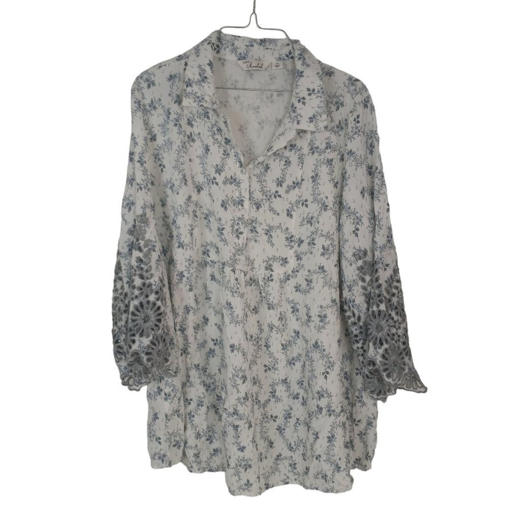 Caffe Marrakesh Boho Peasant Floral Blouse with Lace Accent Sleeves